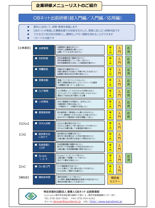 企業研修メニューリスト